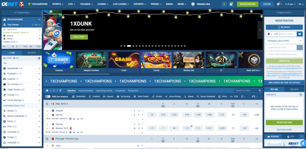 1xBet homepage